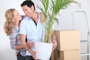 Woman embracing a man carrying a house plant